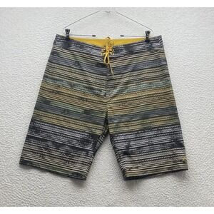 Prana Board Shorts Mens 35 50+ UPF Geometric AOP Black Yellow Stretch Trunks